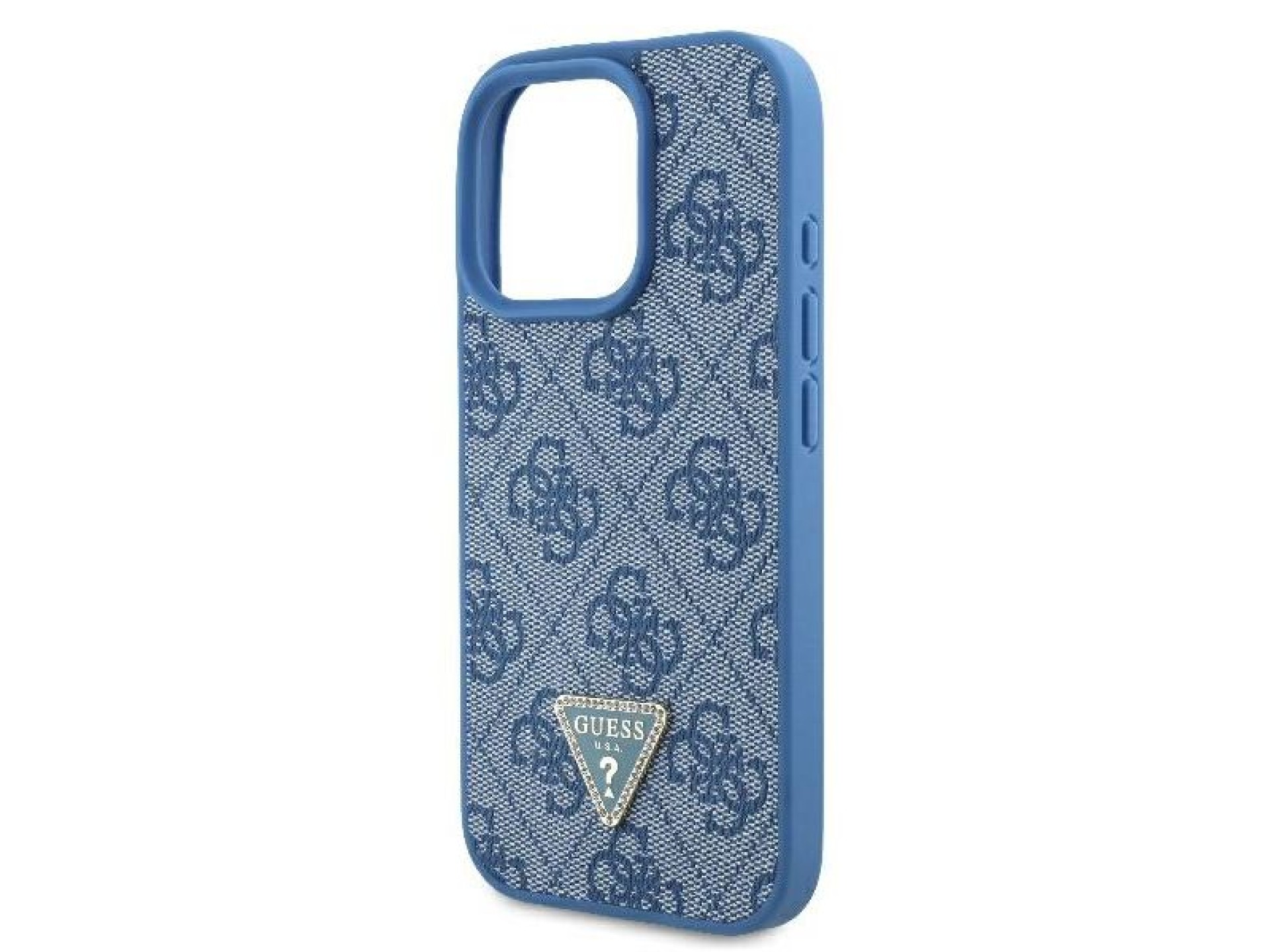 Capa transversal Guess em couro com logo metálico e strass para iPhone 16 Pro Max - Azul