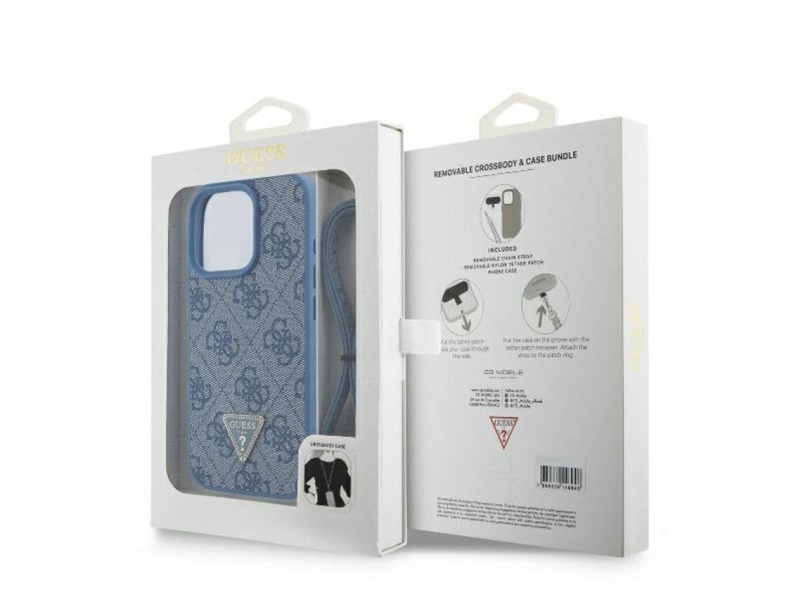 Capa transversal Guess em couro com logo metálico e strass para iPhone 16 Pro Max - Azul
