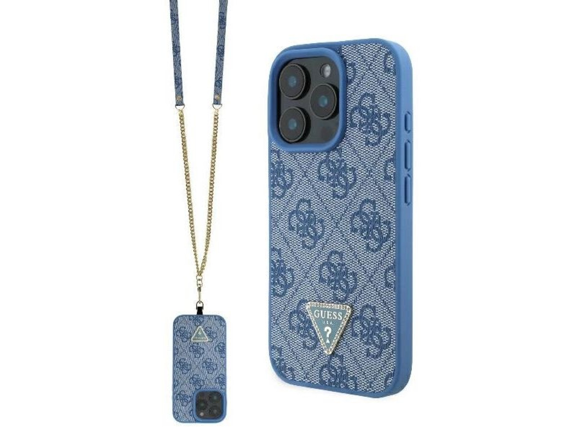 Capa transversal Guess em couro com logo metálico e strass para iPhone 16 Pro - Azul