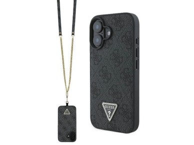 Funda bandolera de cuero Guess con logo met�lico y strass para iPhone 16 - Negra