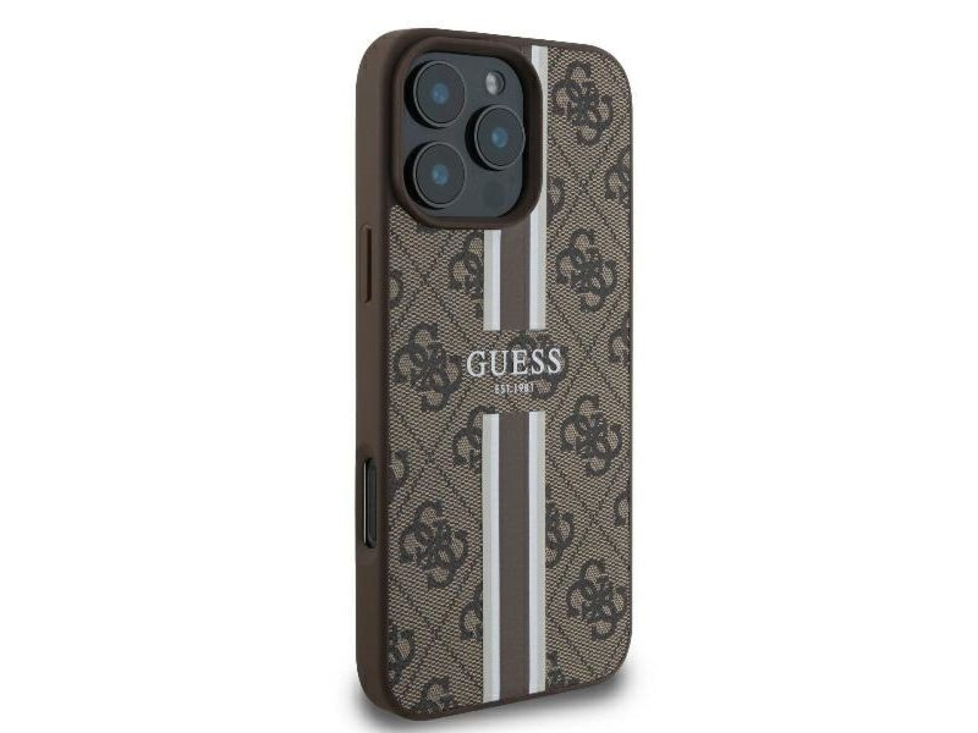 Funda Guess 4G con estampado de rayas y MagSafe para iPhone 16 Pro - Marrón