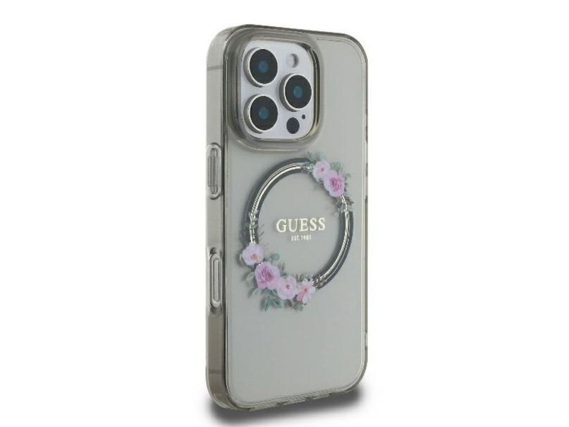 Funda Guess IML Flowers Wreath MagSafe para iPhone 16 Pro - Negra