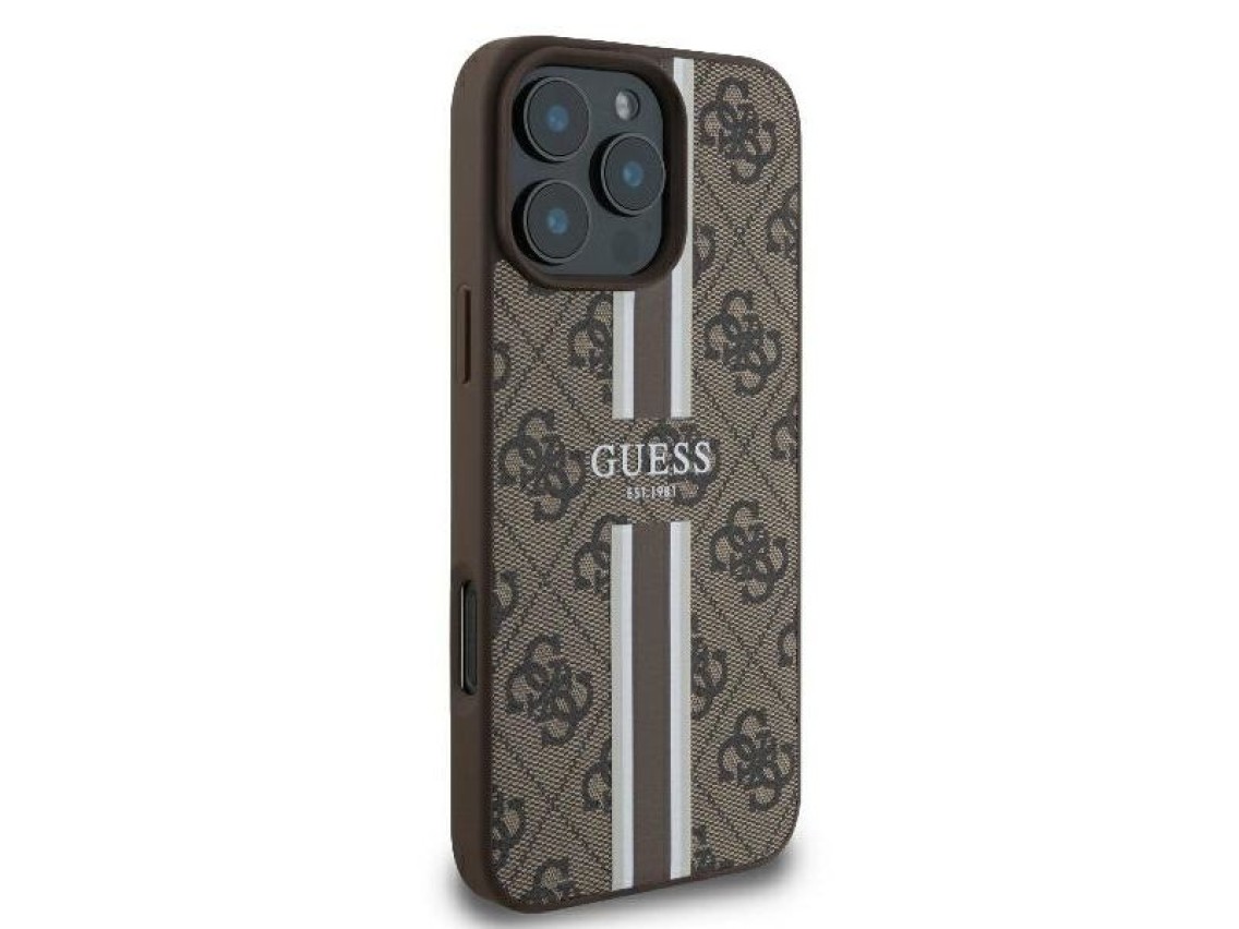 Funda Guess 4G con estampado de rayas y MagSafe para iPhone 16 Pro - Marrón