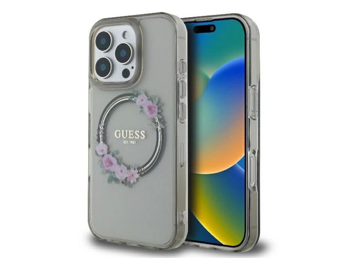 Funda Guess IML Flowers Wreath MagSafe para iPhone 16 Pro - Negra
