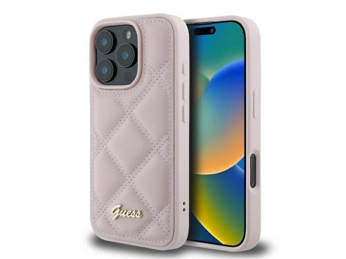Capa Guess com logo metálico acolchoado para iPhone 16 Pro - Rosa