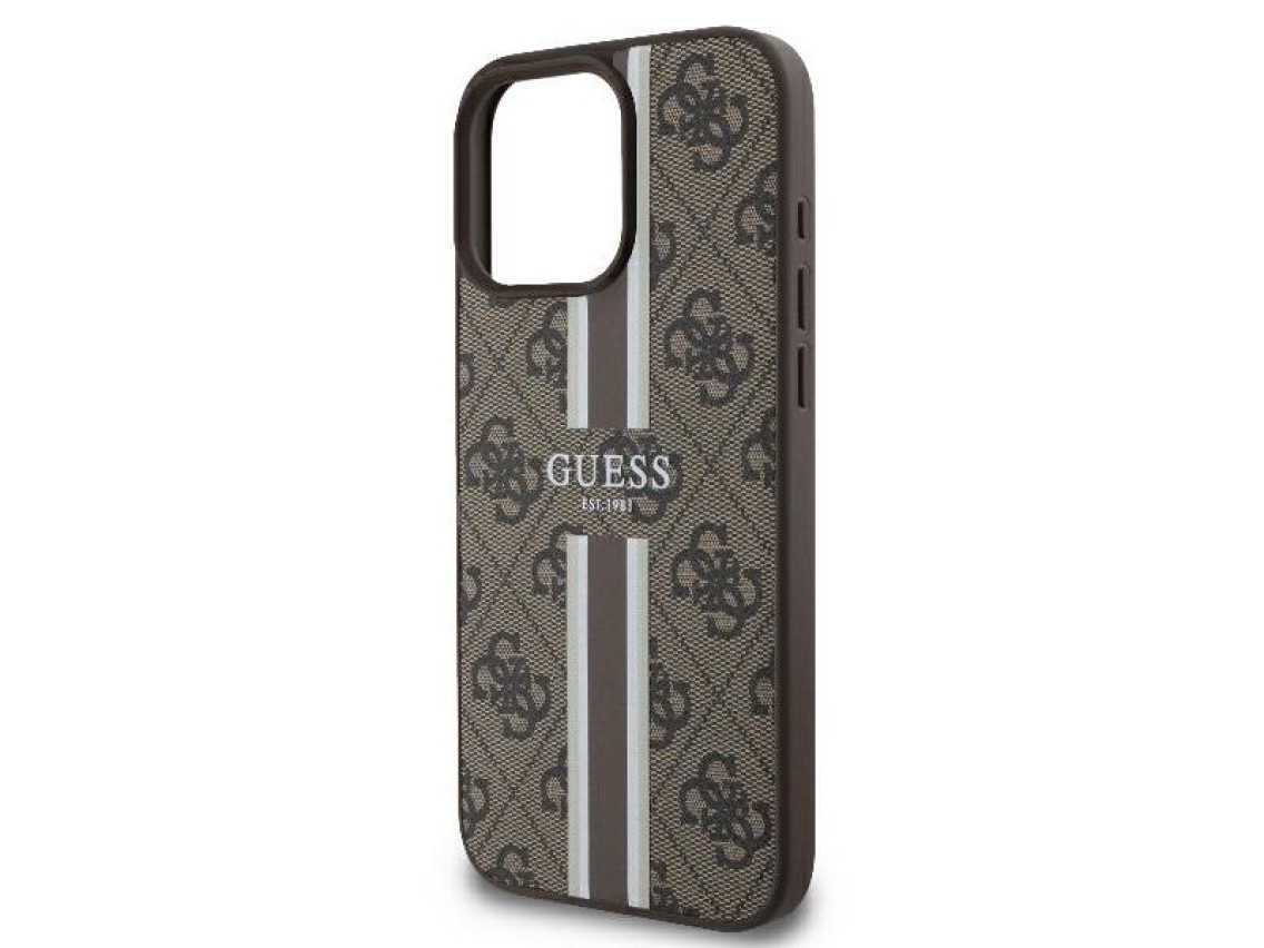 Funda Guess 4G con estampado de rayas y MagSafe para iPhone 16 Pro - Marrón