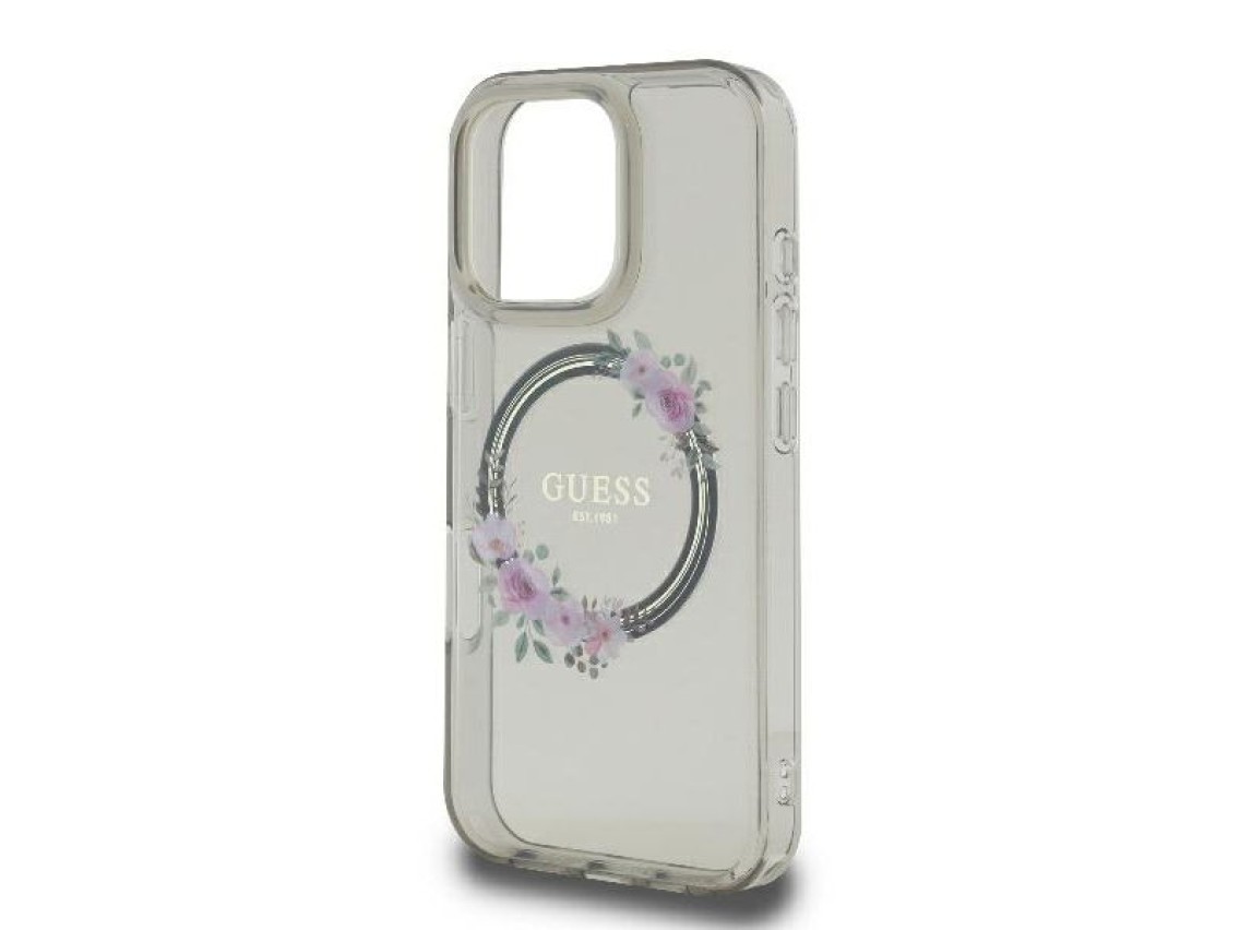 Funda Guess IML Flowers Wreath MagSafe para iPhone 16 Pro - Negra