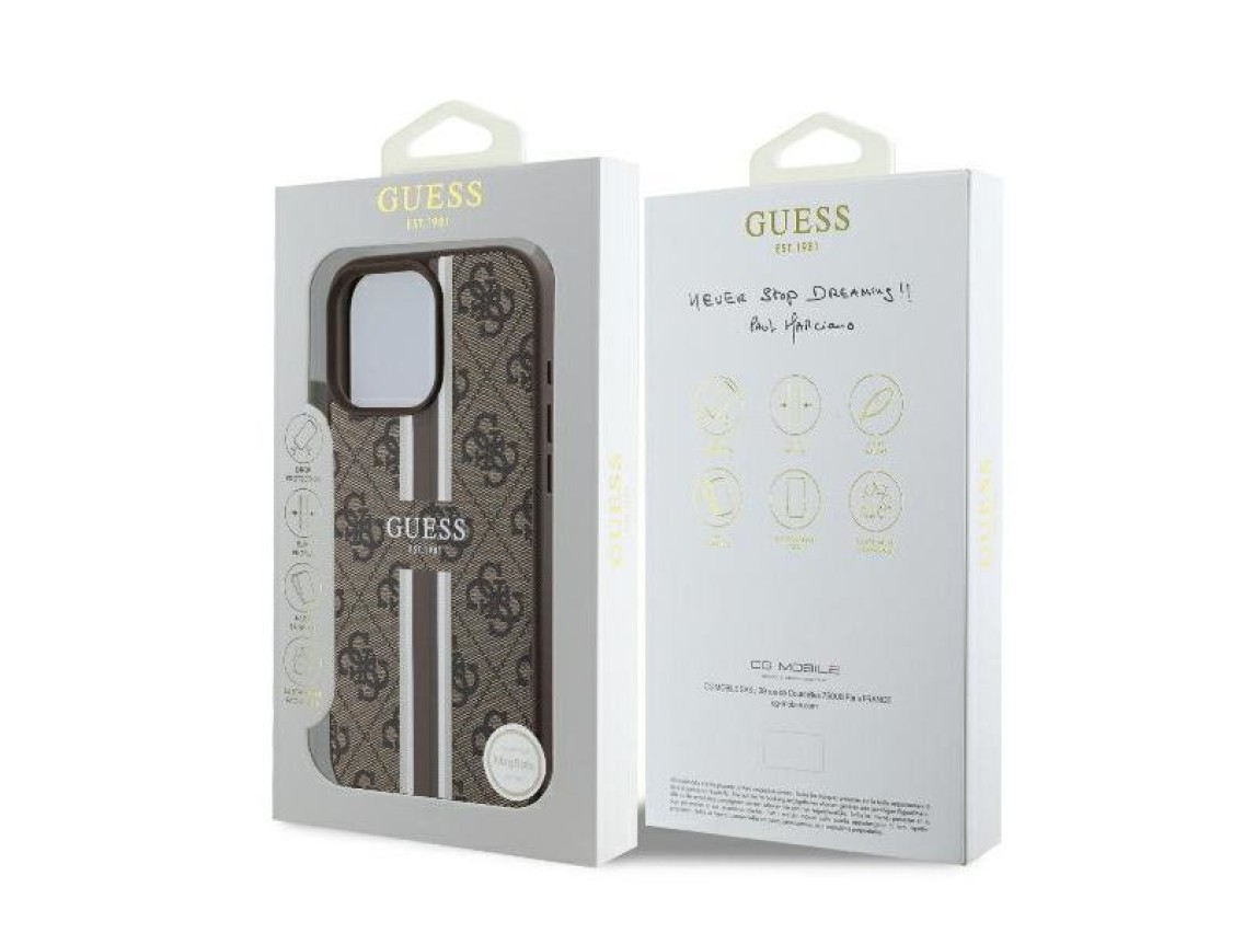 Funda Guess 4G con estampado de rayas y MagSafe para iPhone 16 Pro - Marrón