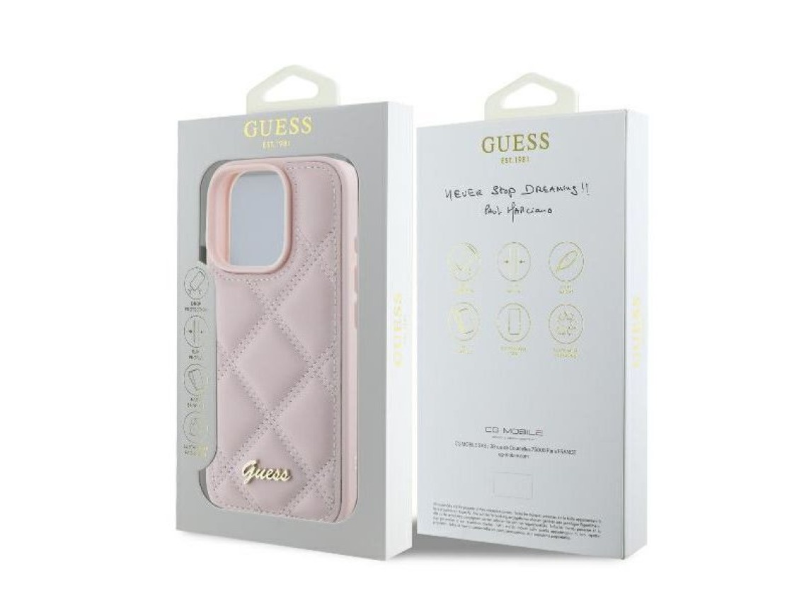 Capa Guess com logo metálico acolchoado para iPhone 16 Pro - Rosa