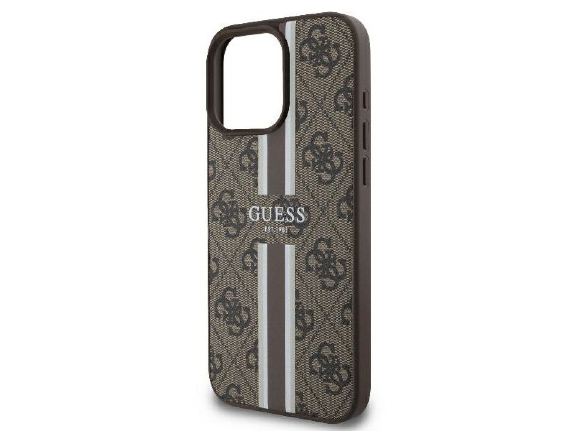 Funda Guess 4G con estampado de rayas y MagSafe para iPhone 16 Pro - Marrón