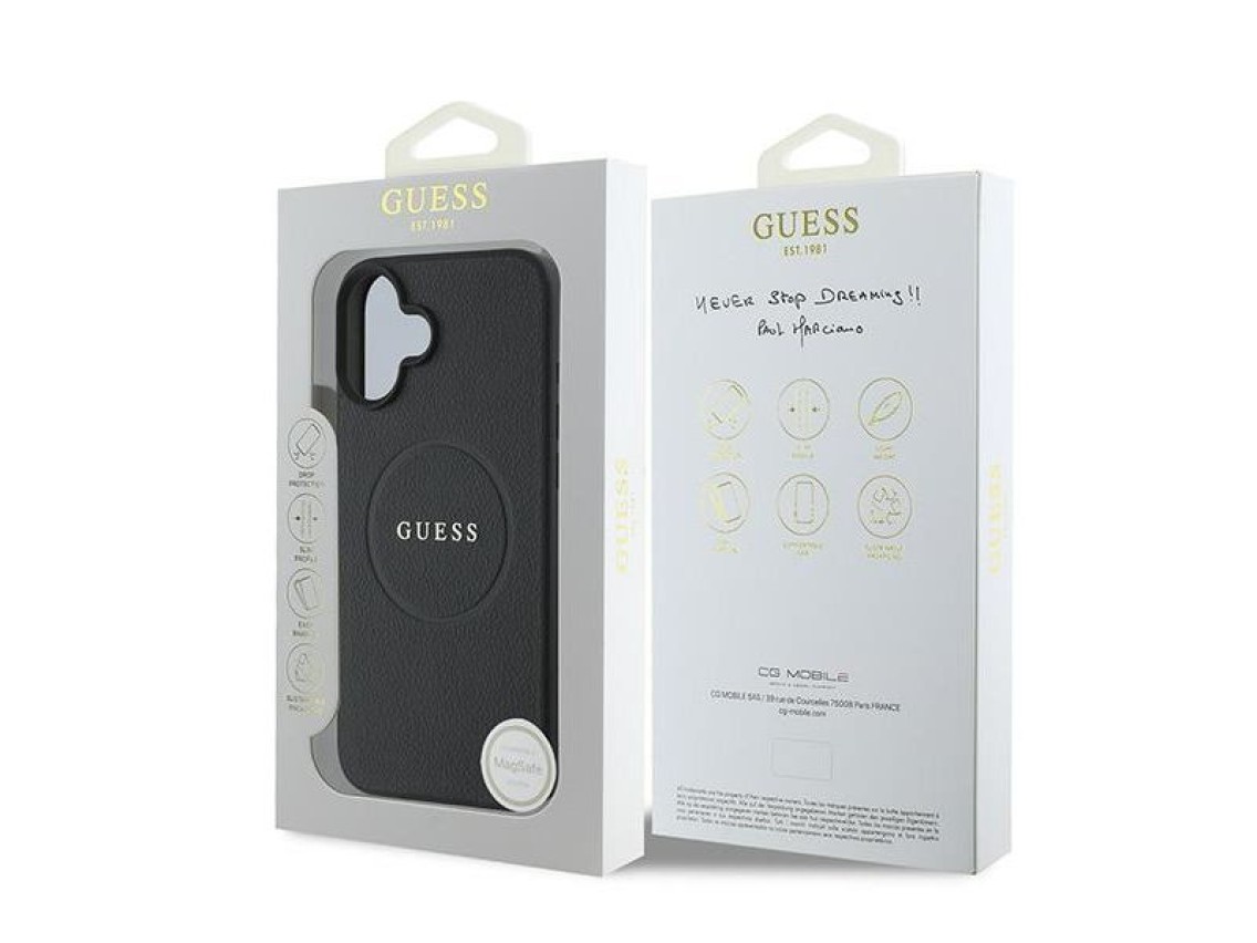 Guess Grained Gold Ring MagSafe case for iPhone 16 Plus - black