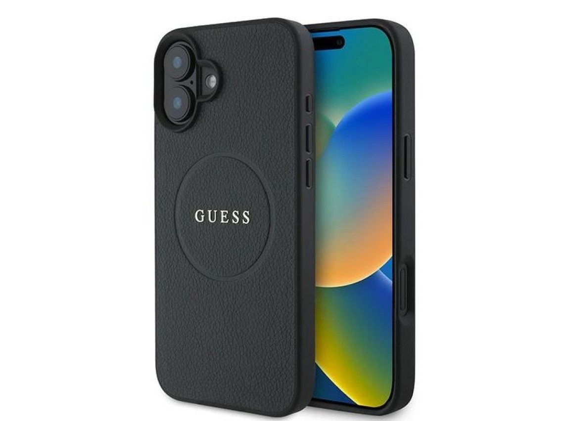 Guess Grained Gold Ring MagSafe case for iPhone 16 Plus - black