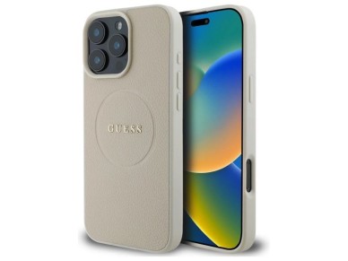 Guess Grained Gold Ring MagSafe Case for iPhone 16 Pro Max - Beige
