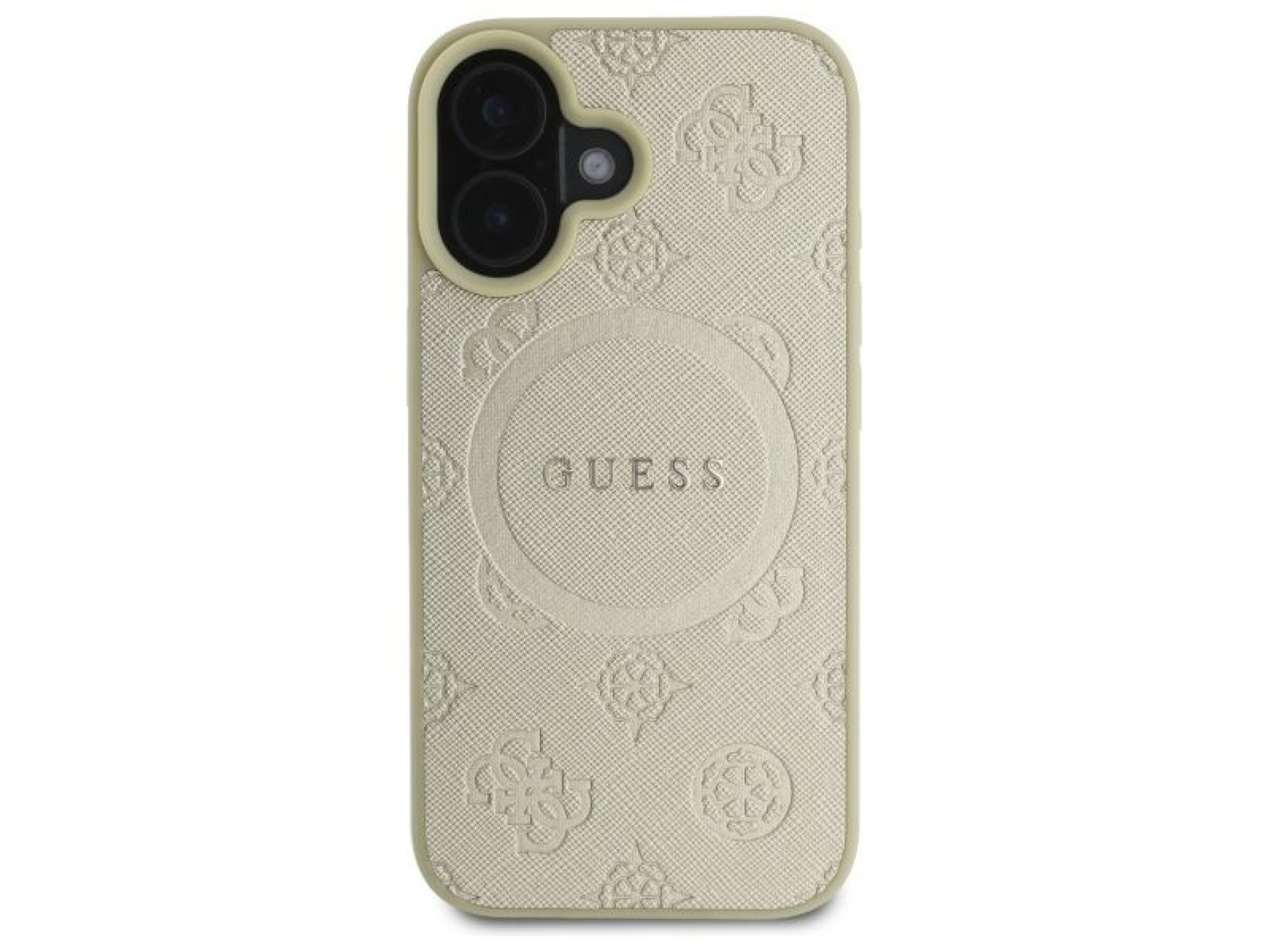 Capa Guess Saffiano Peony Classic Logo MagSafe para iPhone 16 - dourada