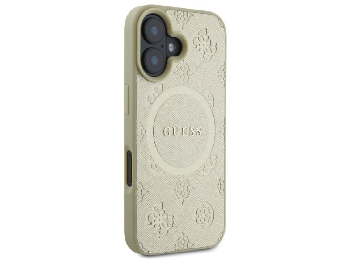 Capa Guess Saffiano Peony Classic Logo MagSafe para iPhone 16 - dourada