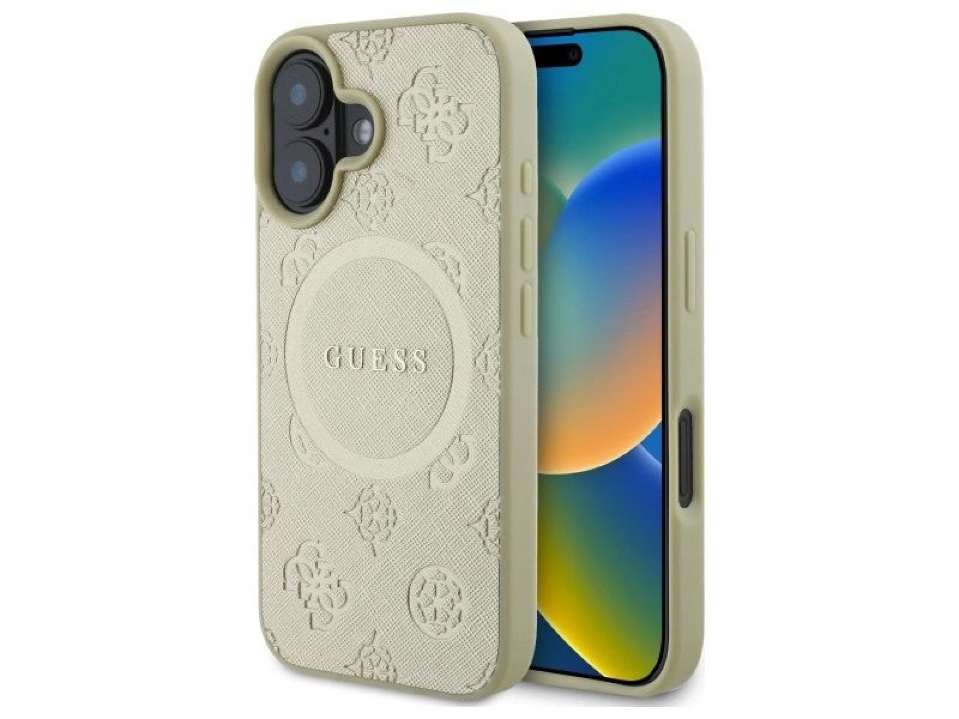 Capa Guess Saffiano Peony Classic Logo MagSafe para iPhone 16 - dourada