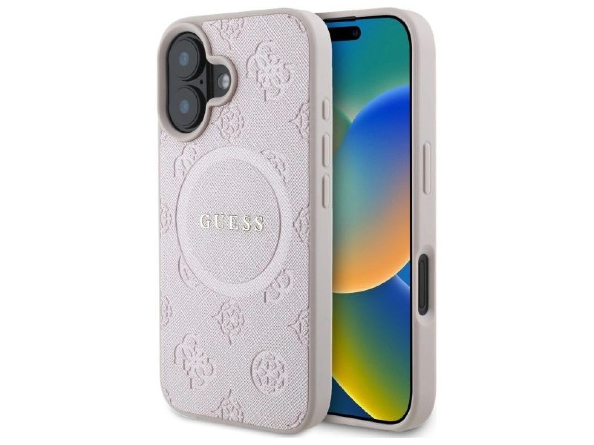 Guess Saffiano Peony Classic Logo MagSafe iPhone 16 Case - Pink
