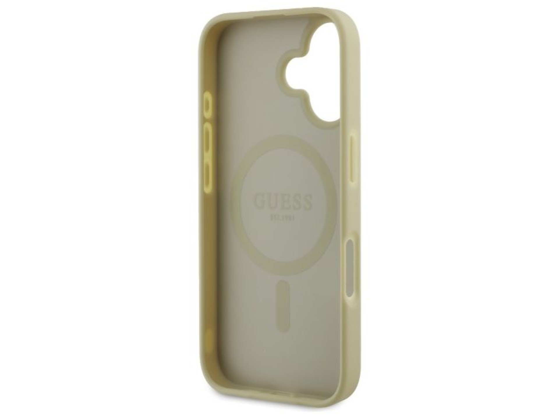 Capa Guess Saffiano Peony Classic Logo MagSafe para iPhone 16 - dourada