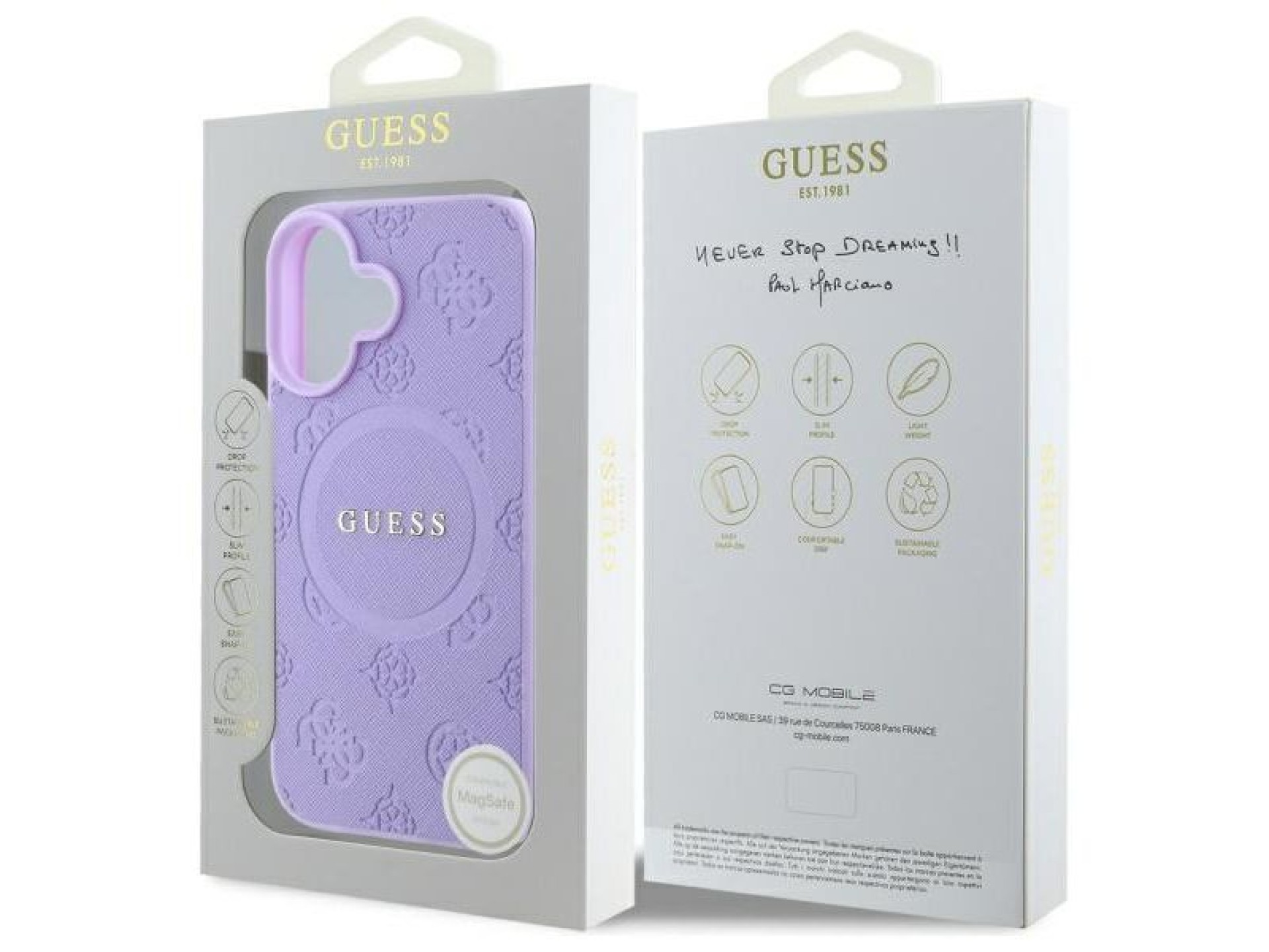Capa Guess Saffiano Peony Classic Logo MagSafe para iPhone 16 - Roxa