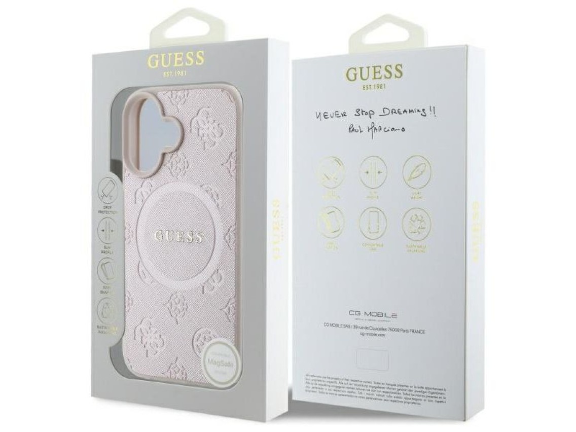 Guess Saffiano Peony Classic Logo MagSafe iPhone 16 Case - Pink