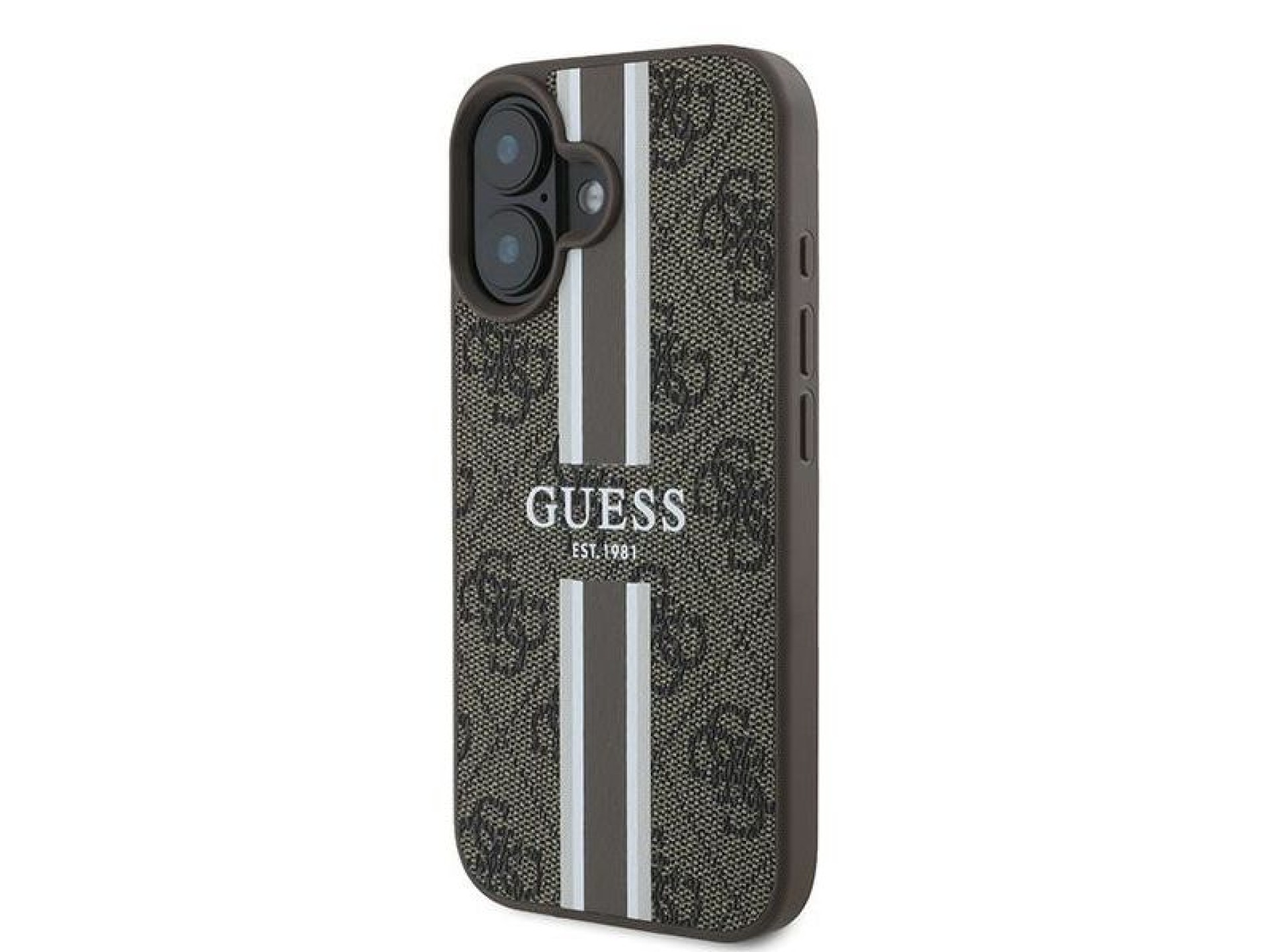Funda Guess 4G con estampado de rayas y MagSafe para iPhone 16 Plus - Marrón