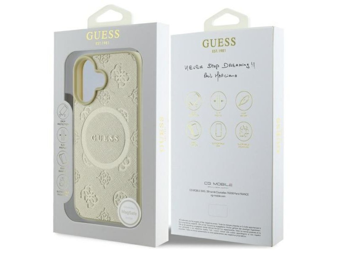 Capa Guess Saffiano Peony Classic Logo MagSafe para iPhone 16 - dourada