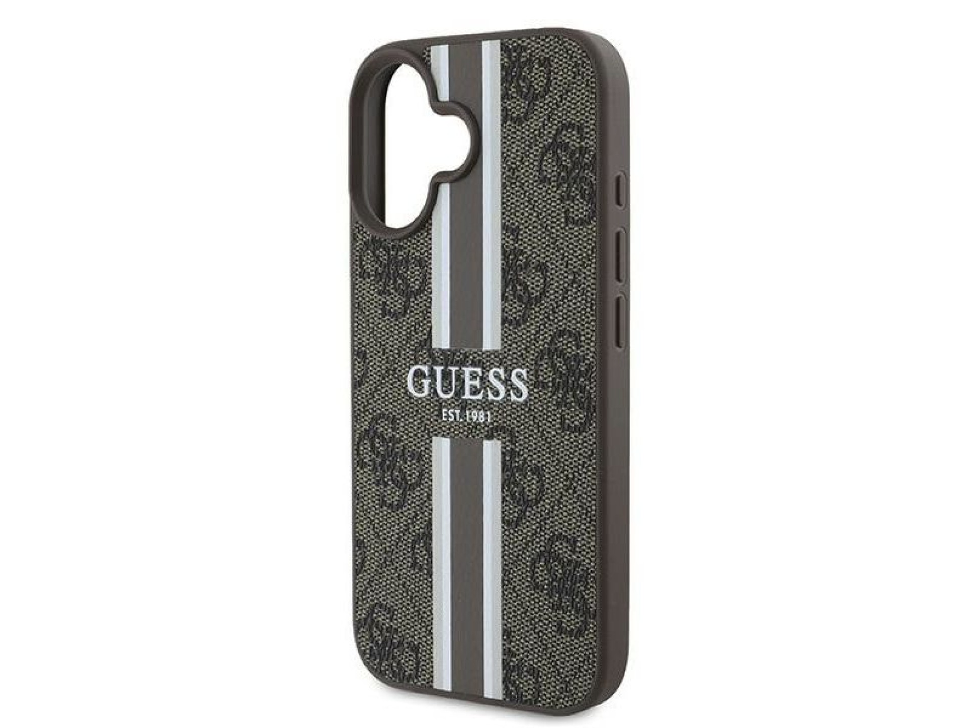 Funda Guess 4G con estampado de rayas y MagSafe para iPhone 16 Plus - Marrón