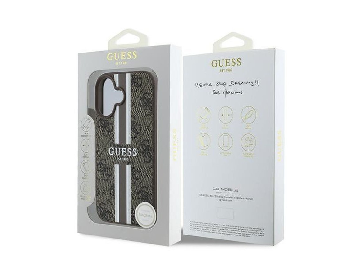 Funda Guess 4G con estampado de rayas y MagSafe para iPhone 16 Plus - Marr�n