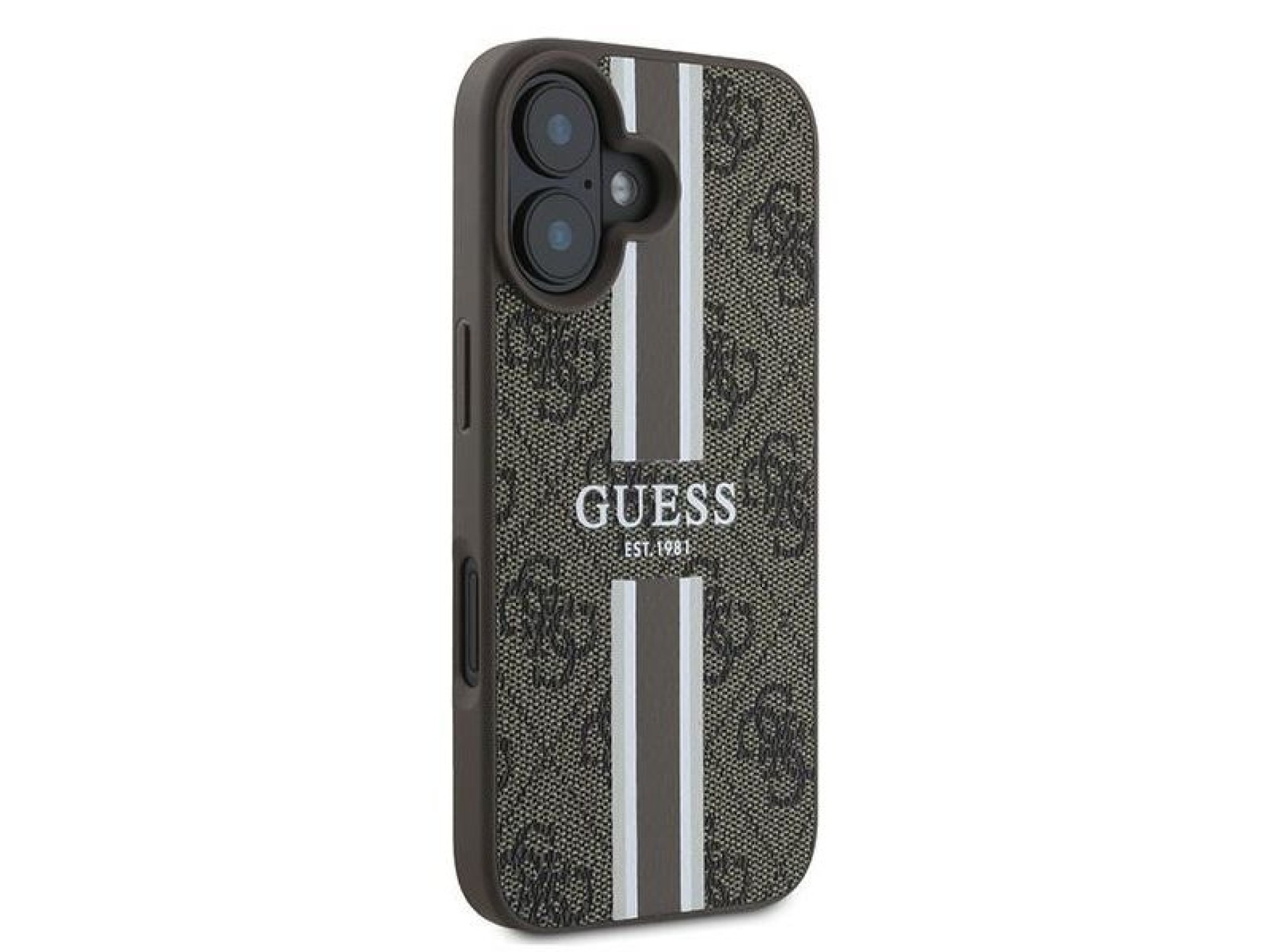 Funda Guess 4G con estampado de rayas y MagSafe para iPhone 16 Plus - Marrón