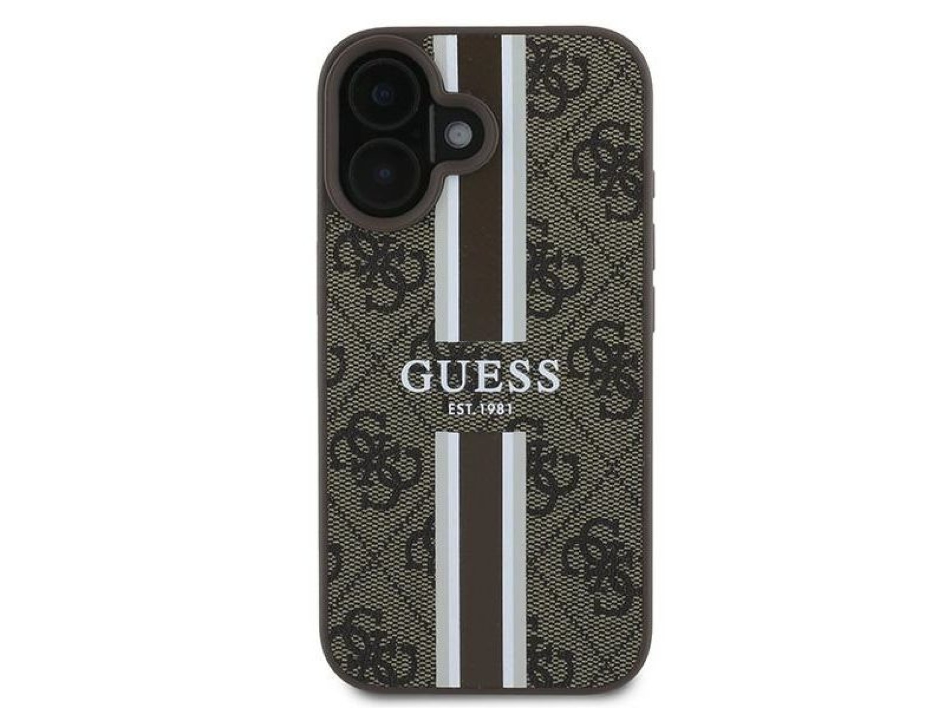 Funda Guess 4G con estampado de rayas y MagSafe para iPhone 16 Plus - Marrón