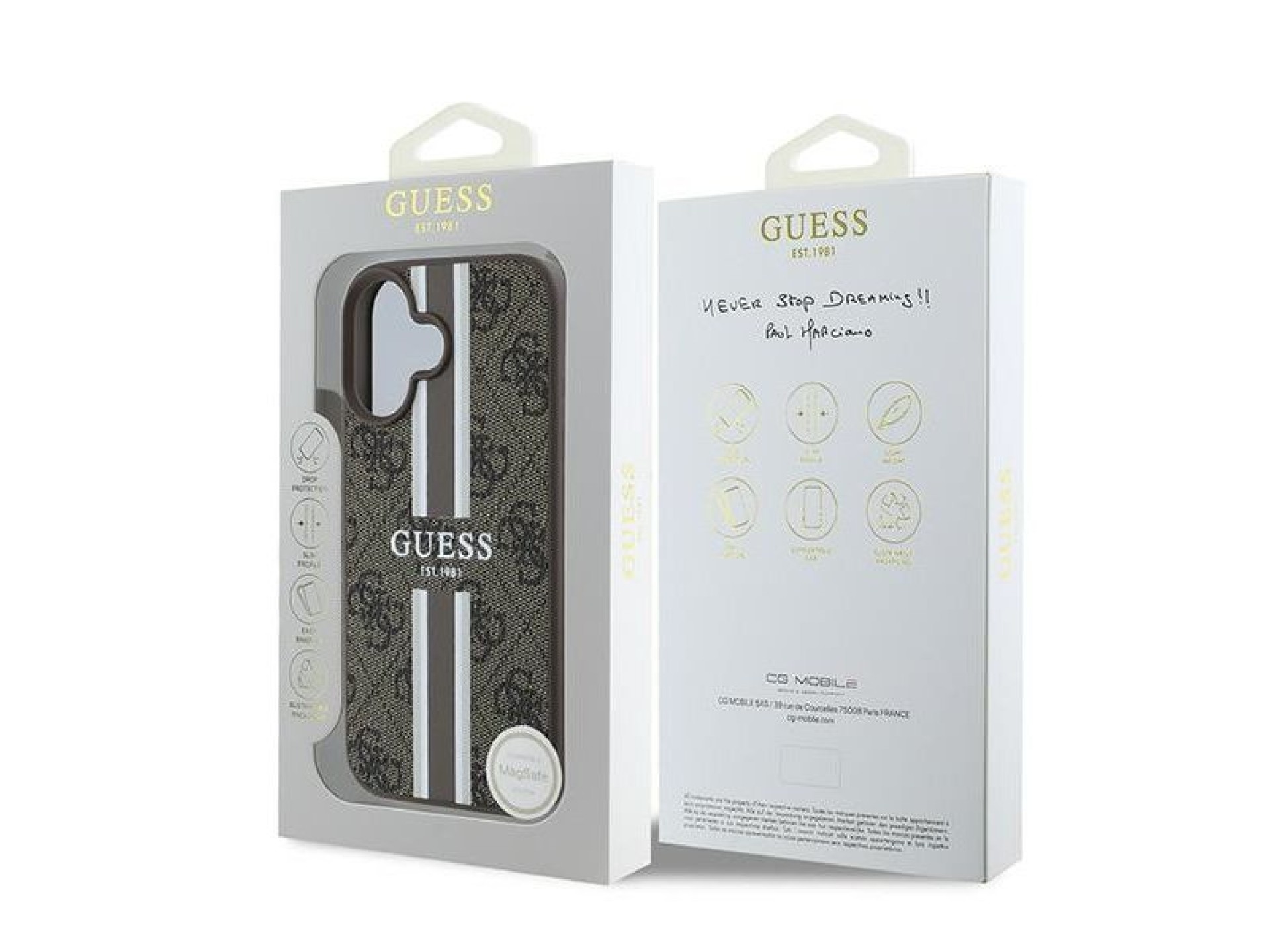 Funda Guess 4G con estampado de rayas y MagSafe para iPhone 16 Plus - Marrón