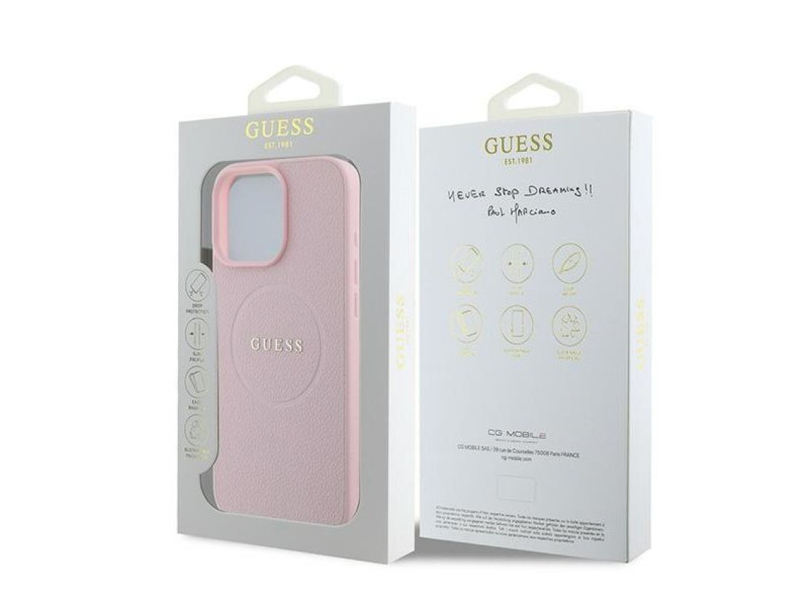 Funda Guess MagSafe con anillo dorado granulado para iPhone 15 Pro Max - Rosa