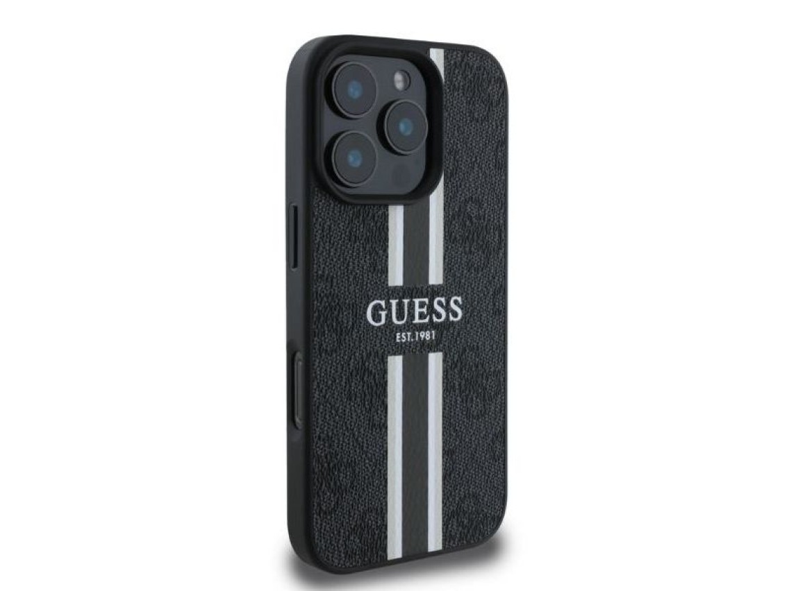 Funda Guess 4G con estampado de rayas y MagSafe para iPhone 16 Pro - negra