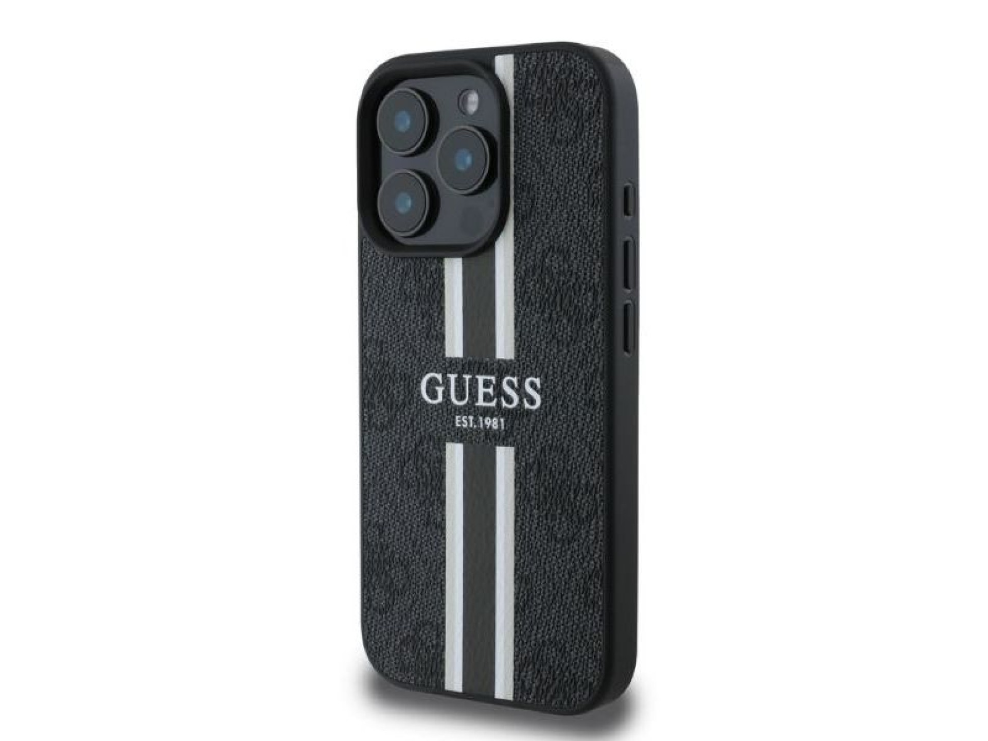 Funda Guess 4G con estampado de rayas y MagSafe para iPhone 16 Pro - negra