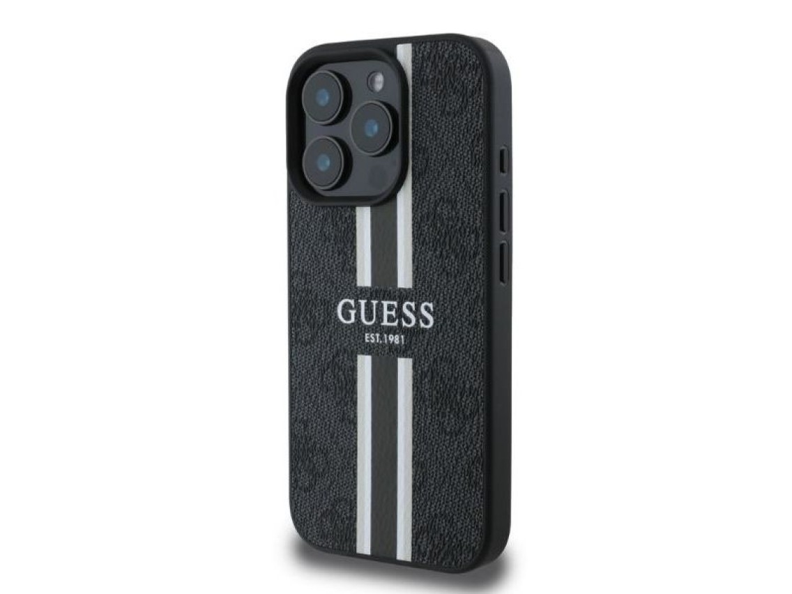 Funda Guess 4G con estampado de rayas y MagSafe para iPhone 16 Pro - negra