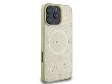 Capa Guess Saffiano Peony Classic Logo MagSafe para iPhone 16 Pro - dourada Capa Guess Saffiano Peony Classic Logo MagSafe para iPhone 16 Pro - dourada