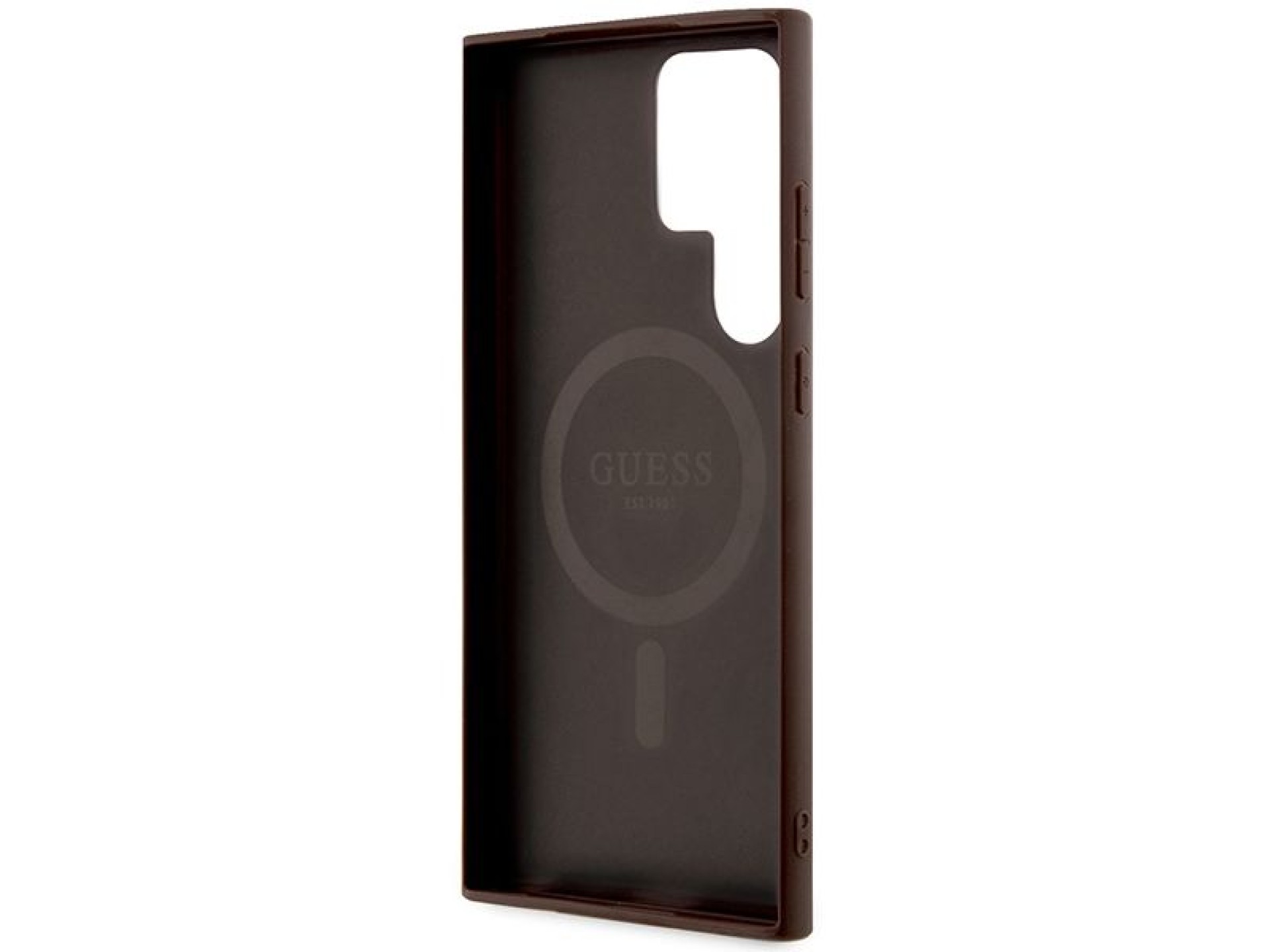 Capa Guess 4G Collection em couro com logo metálico e MagSafe para Samsung Galaxy S24 Ultra - Marrom