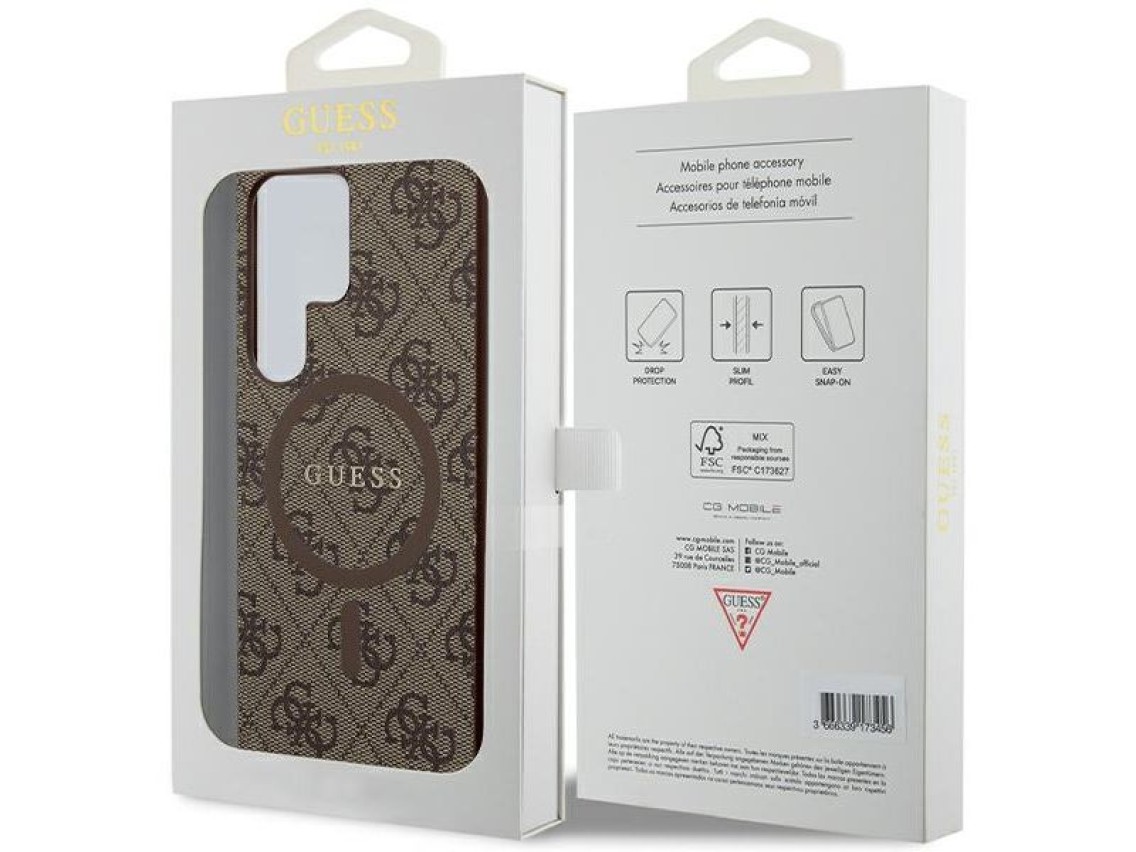 Capa Guess 4G Collection em couro com logo metálico e MagSafe para Samsung Galaxy S24 Ultra - Marrom