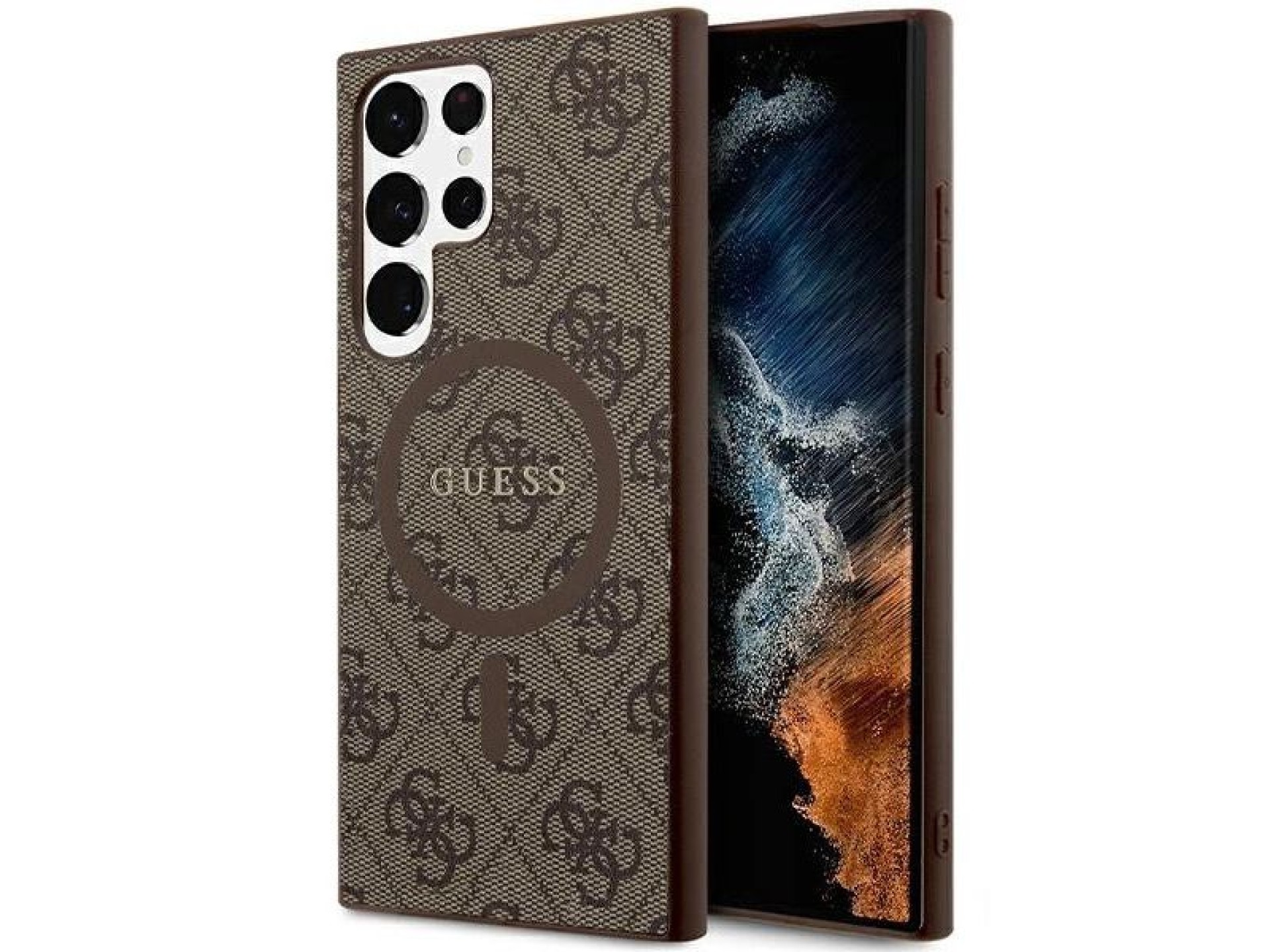 Capa Guess 4G Collection em couro com logo metálico e MagSafe para Samsung Galaxy S24 Ultra - Marrom