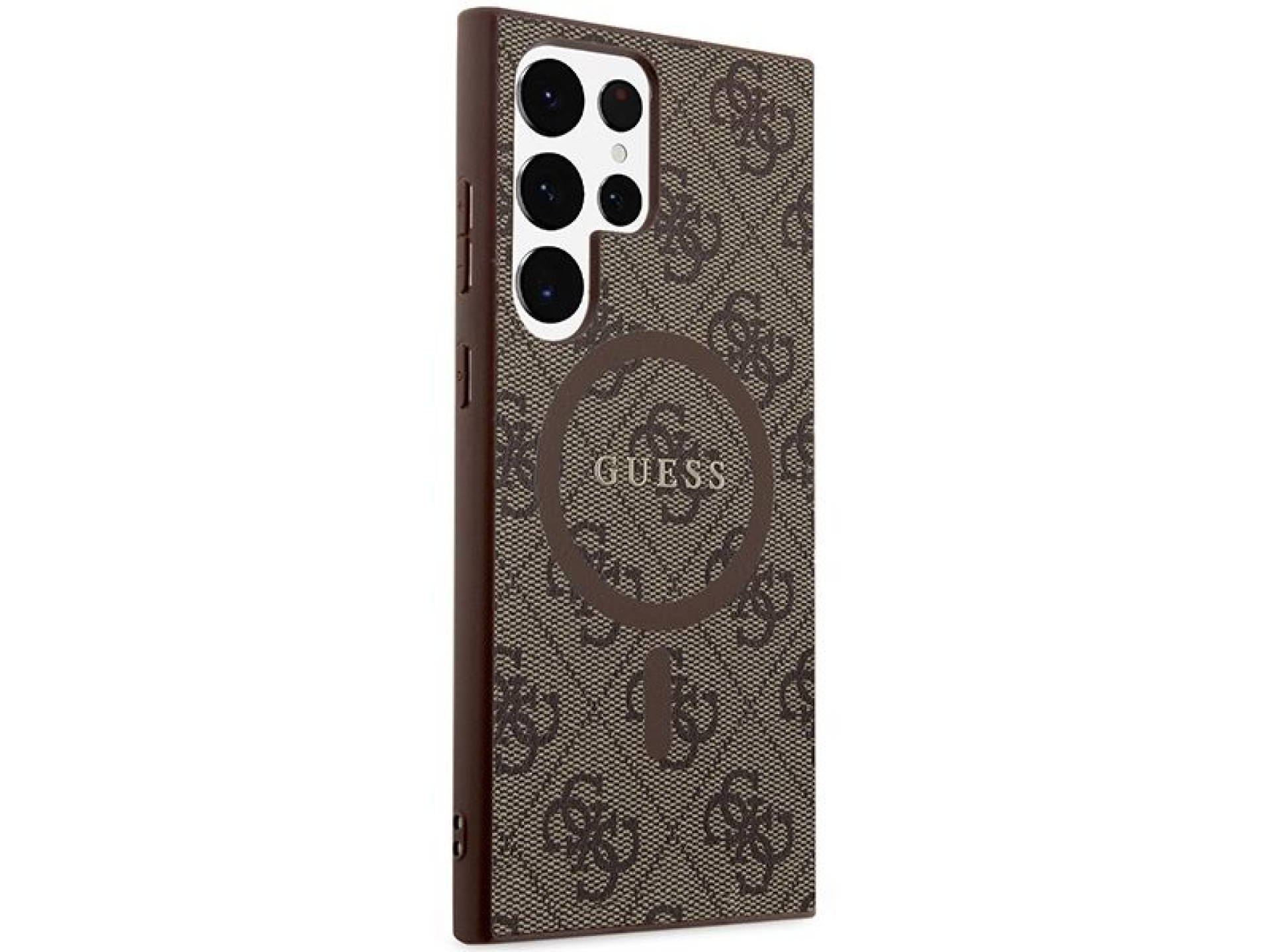 Capa Guess 4G Collection em couro com logo metálico e MagSafe para Samsung Galaxy S24 Ultra - Marrom
