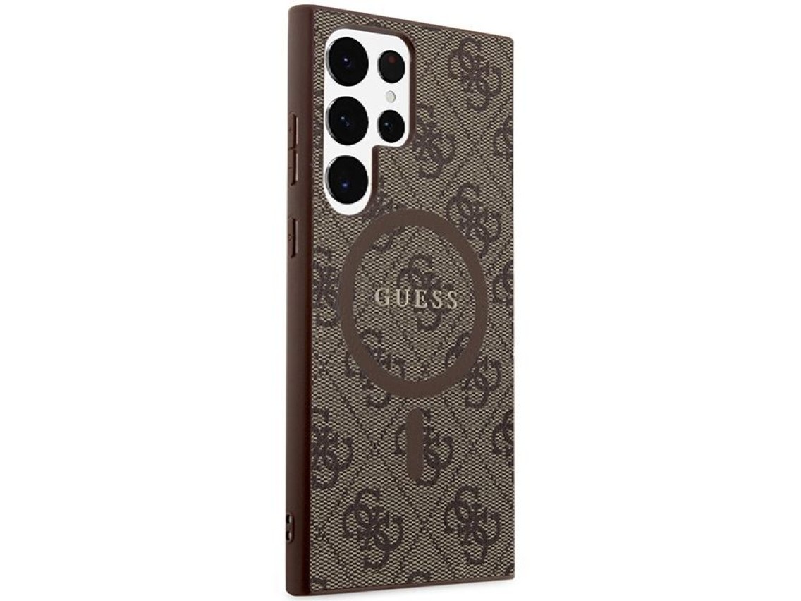 Capa Guess 4G Collection em couro com logo metálico e MagSafe para Samsung Galaxy S24 Ultra - Marrom