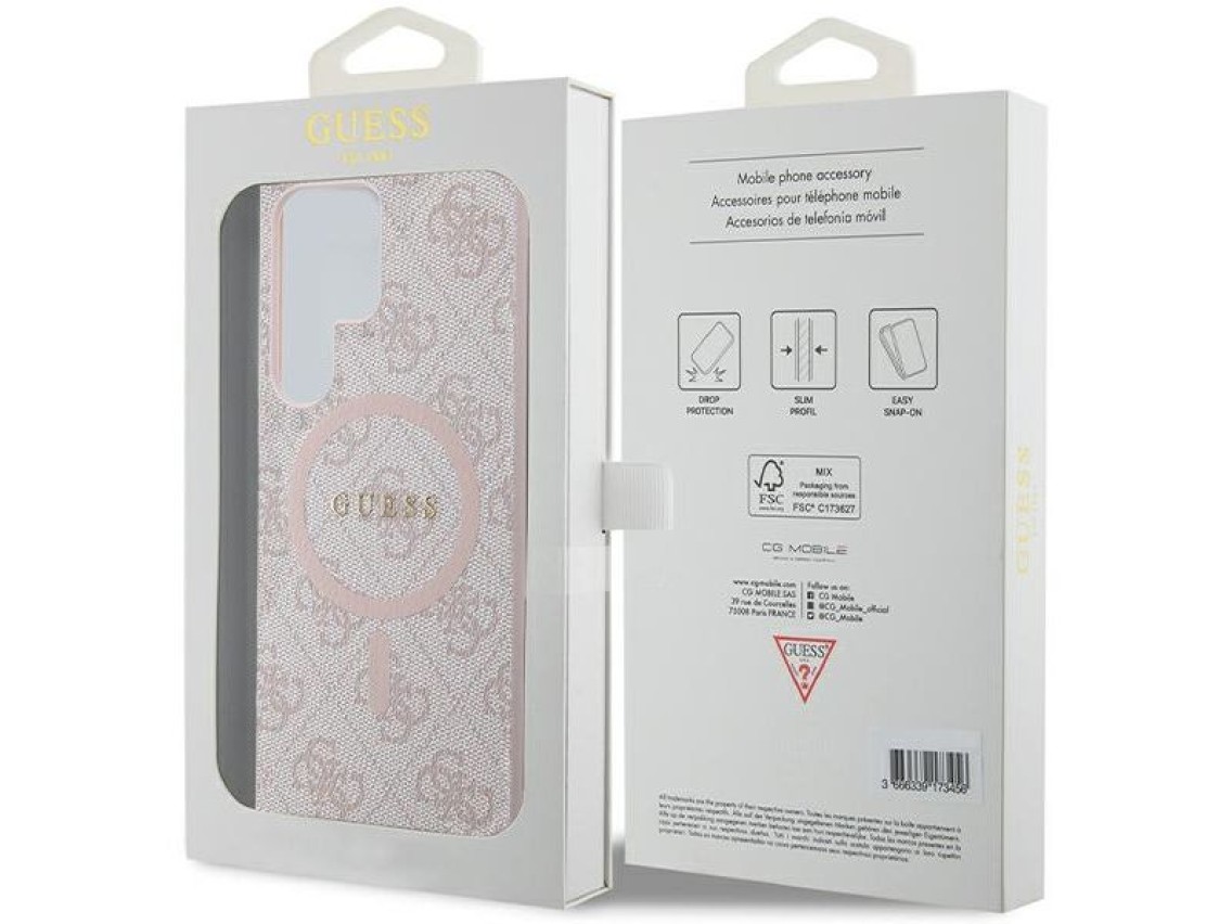 Funda Guess 4G Collection de cuero con logo metálico y MagSafe para Samsung Galaxy S24 Ultra - Rosa