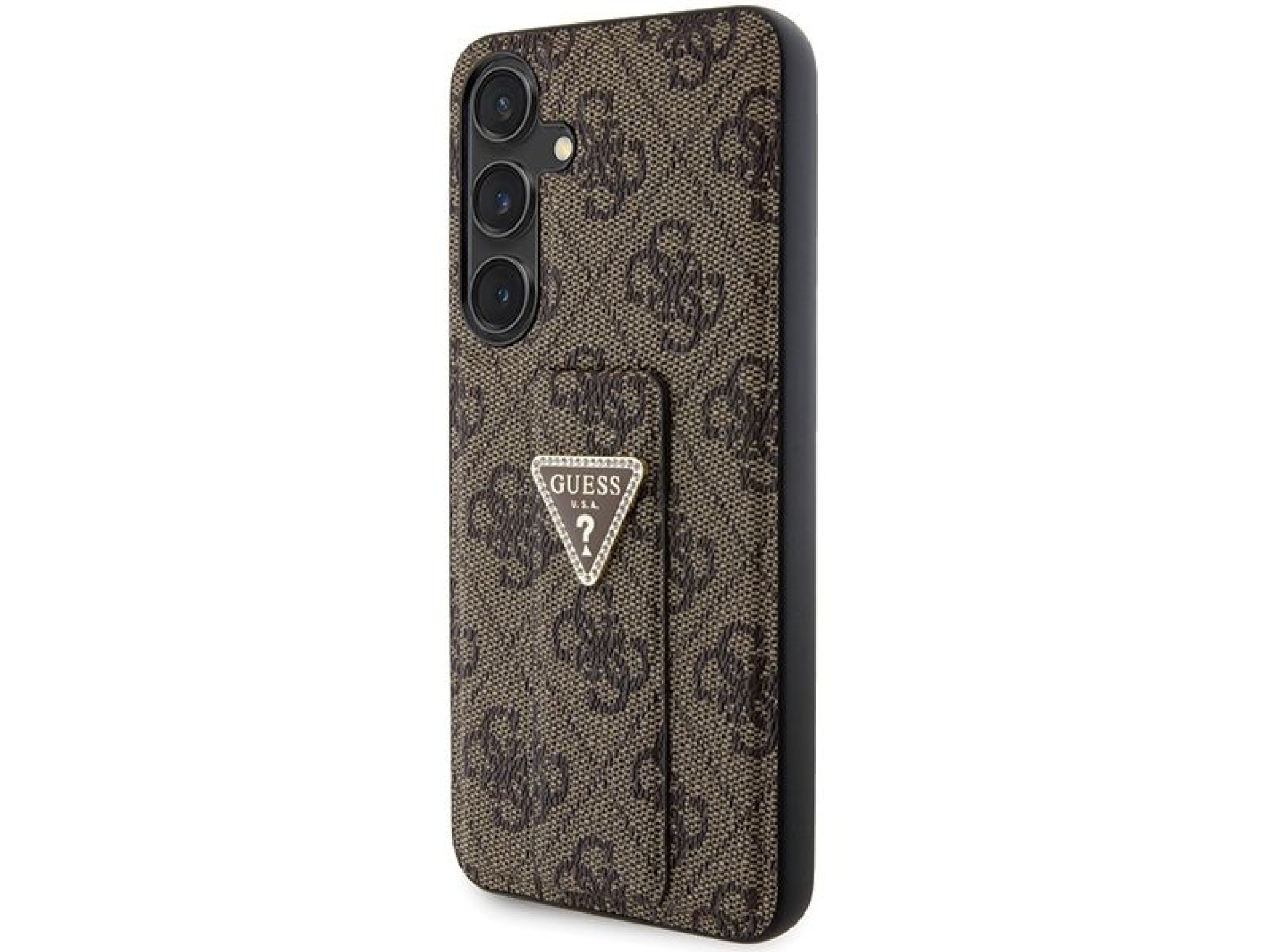 Guess GUHCS24SPGS4TDW S24 S921 marrom/marrom estojo rígido Grip Stand 4G Triangle Strass