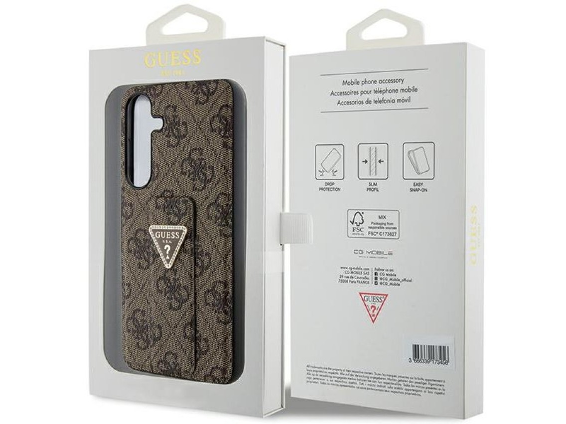 Guess GUHCS24SPGS4TDW S24 S921 marrom/marrom estojo rígido Grip Stand 4G Triangle Strass