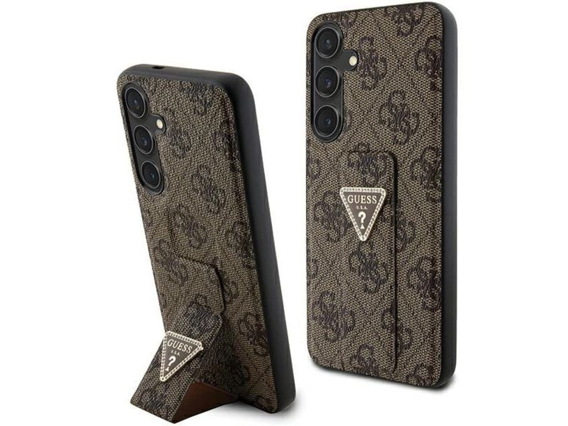 Guess GUHCS24SPGS4TDW S24 S921 marrom/marrom estojo rígido Grip Stand 4G Triangle Strass