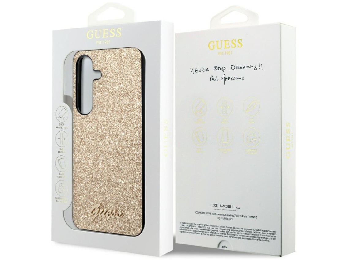 Capa Guess Glitter Script para Samsung Galaxy S24 - dourada