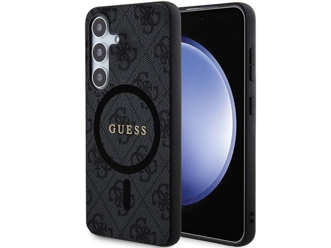 Capa Guess 4G Collection em couro com logotipo metálico e MagSafe para Samsung Galaxy S24 - Preta