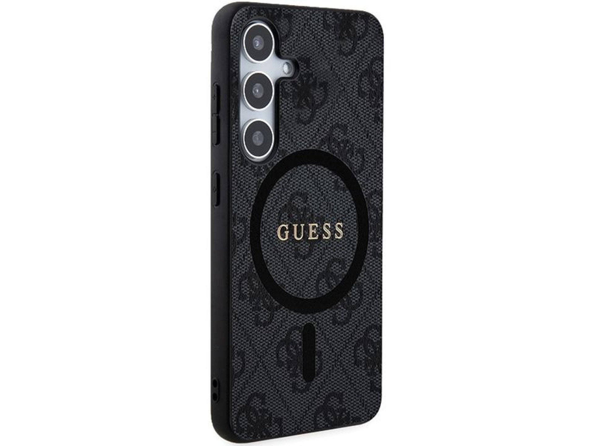 Capa Guess 4G Collection em couro com logotipo metálico e MagSafe para Samsung Galaxy S24 - Preta