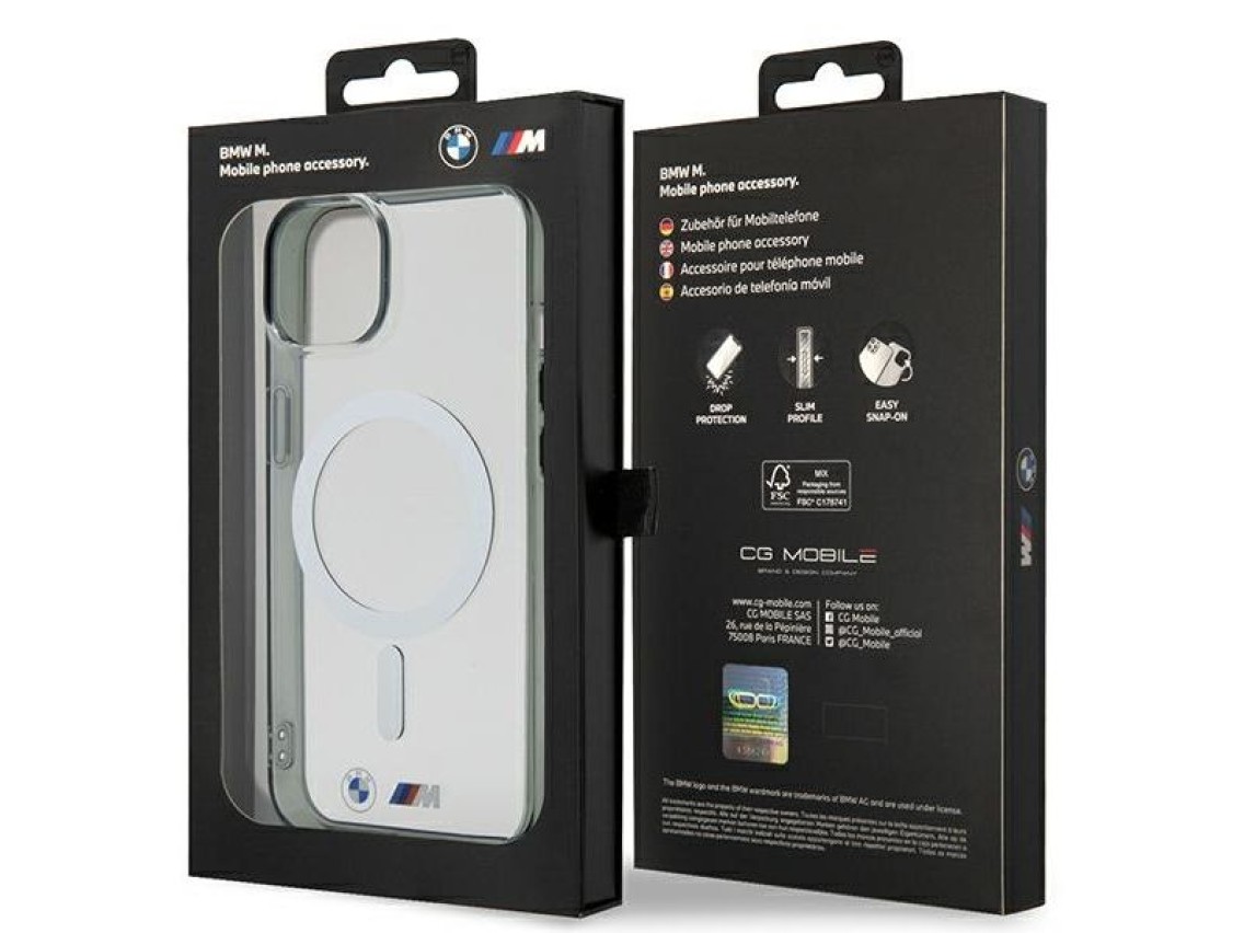 Capa rígida transparente BMW BMHMP14SHCRS para iPhone 14 de 6,1 polegadas com anel prateado e MagSaf
