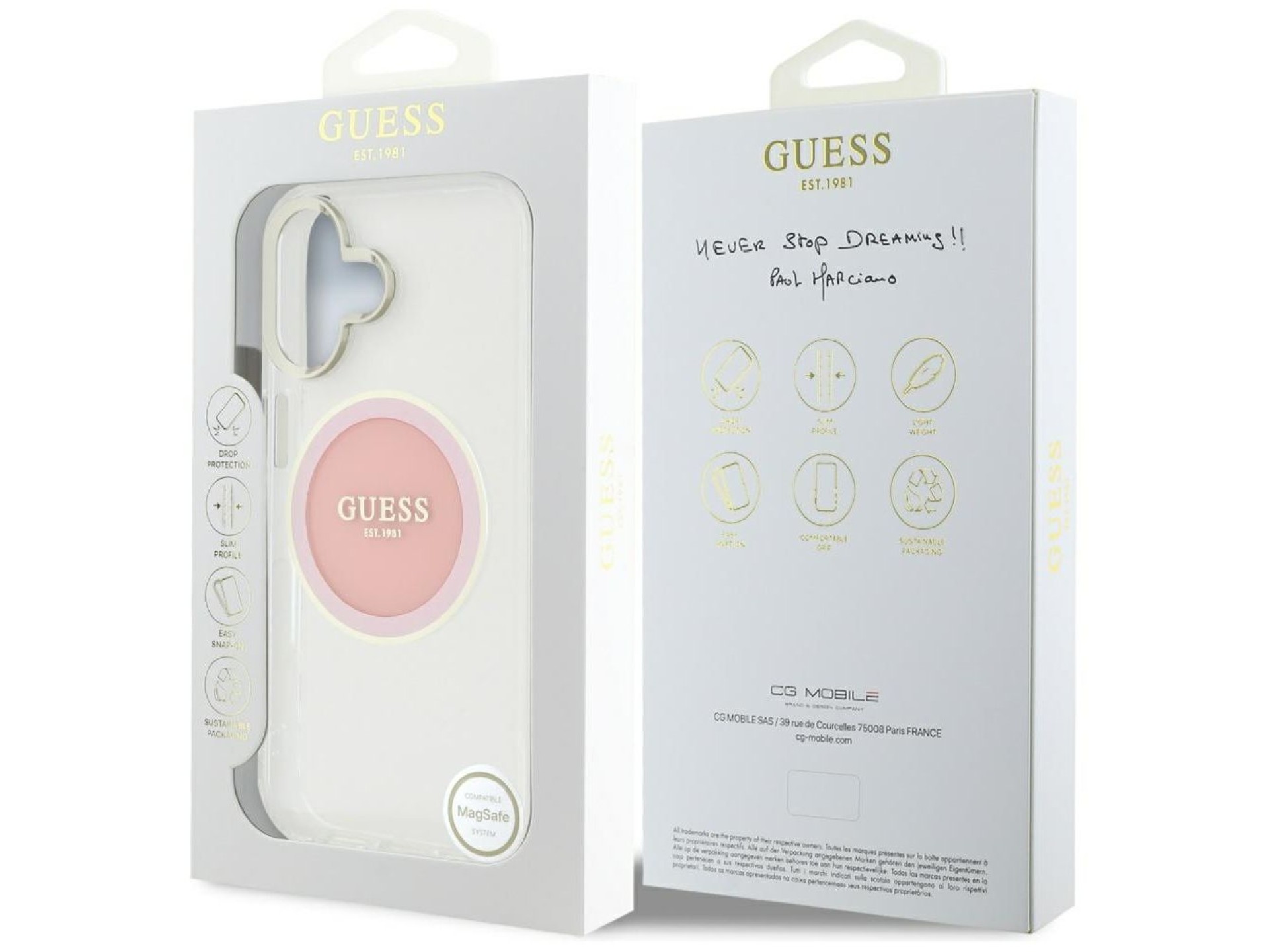 Capa Guess IML Metal Colored Circle Classic Logo MagSafe para iPhone 16 - Rosa